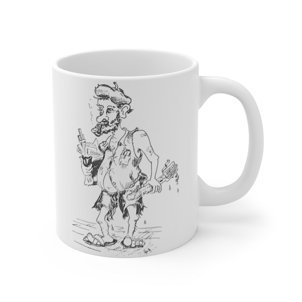 A white ceramic coffee mug with a hand drawn image of a dishevelled bearded man, smoking a pipe, in torn shorts and button sleeveless shirt, sandals and a beret, holding a damaged Nansen bottle and a folder with charts and measuring devices